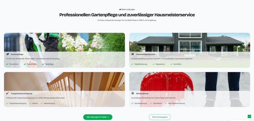 Service-Übersicht einer Hausmeisterwebsite