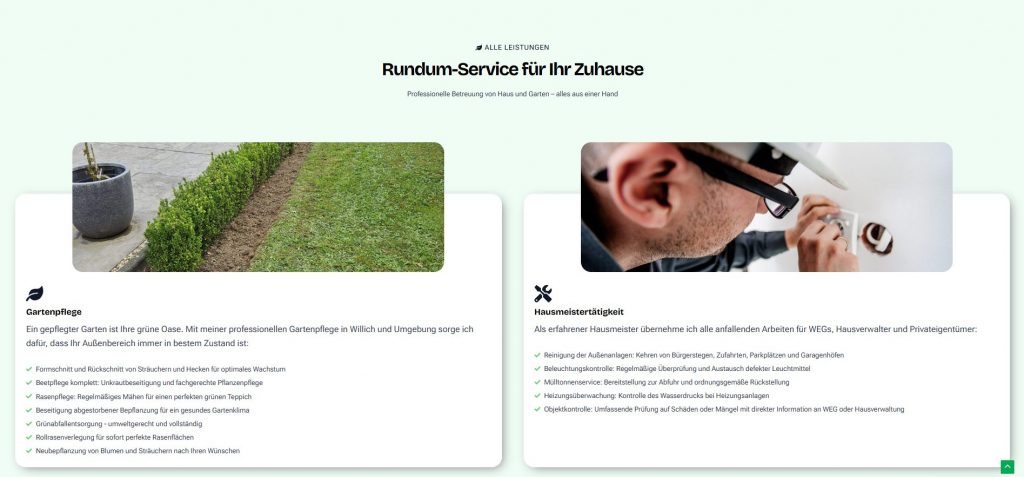Übersicht der Leistungen auf der Website eines Hausmeisters