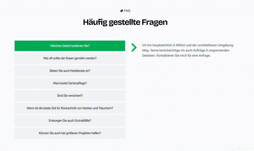 FAQ Bereich auf der Website eines Haus- und Gartenservices