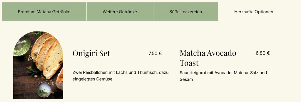 Speisekarte Matcha Café