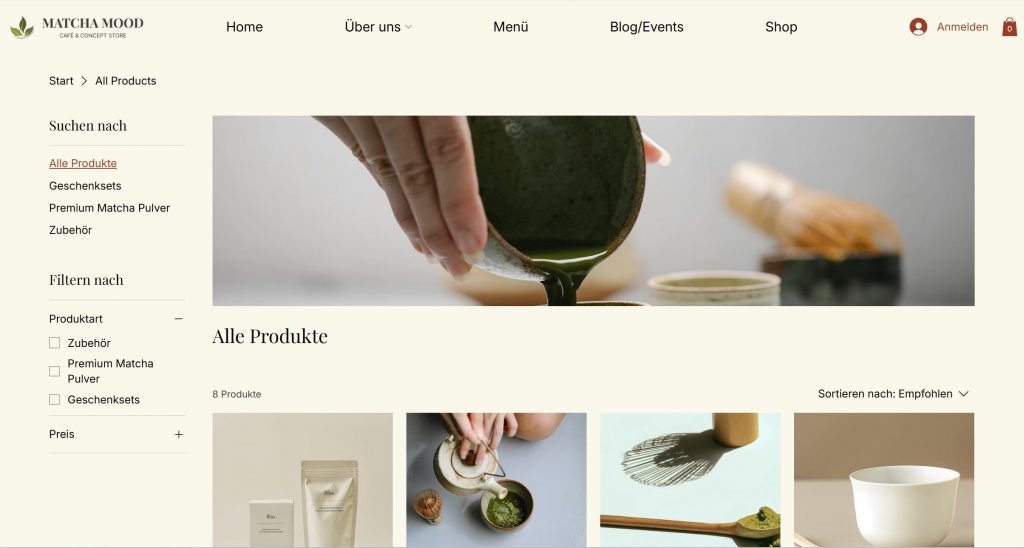 Online Shop eines Matcha Cafés&Concept Stores