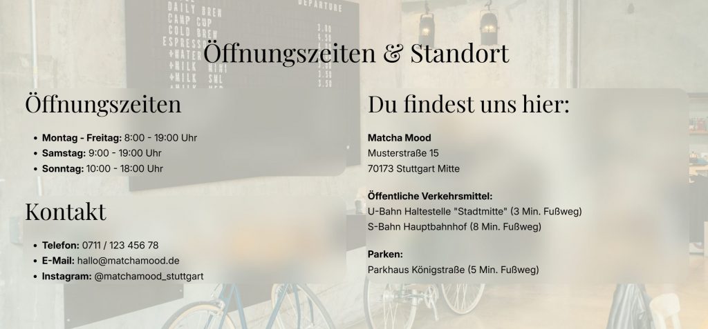 Kontakt und Öffnungszeiten eines Cafés